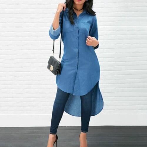 Hirigin Autumn Women Denim Shirt Style Dress Homewear Casual Button Solid Long Sleeve V-neck Tops Dress 2020 Trend Dropshipping
