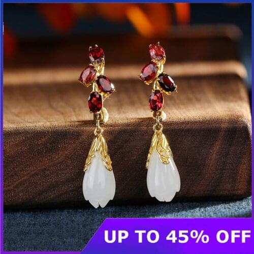 S925 Sterling Silver Gold-plated Stud Earring Fine Jewelry for Women Vintage Hetian Jade Garnet Michelia Flower Earrings Trendy
