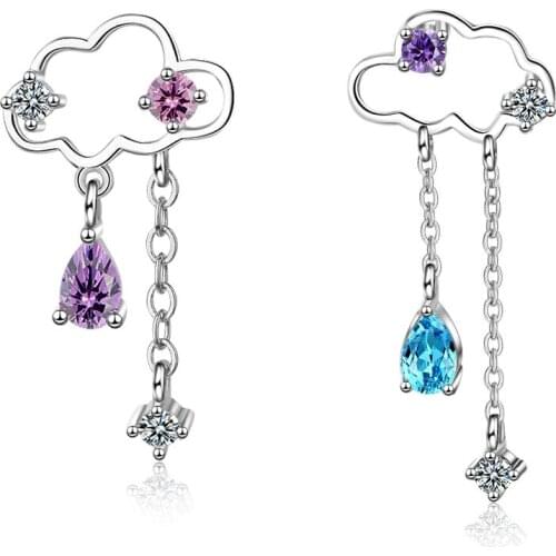 New Fashion 925 Sterling Silver Water Drop Tassel Earring Cute Asymmetric Cloud Earrings For Women brincos oorbellen Gift