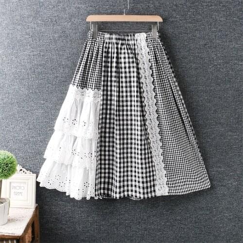 Women skirt 2021 new spring Japan style sweet skirt elastic waist Plaid splicing cotton linen skirt