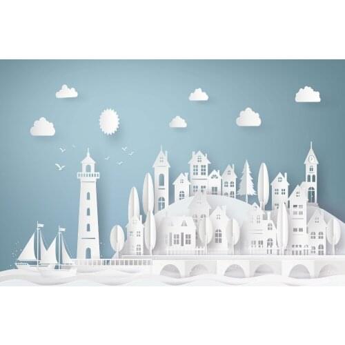 VinylBDS Cartoon Blue Photography Background White Origami Castle Photo Backdrop Fotostudio Achtergrond Studio for Kids Fond