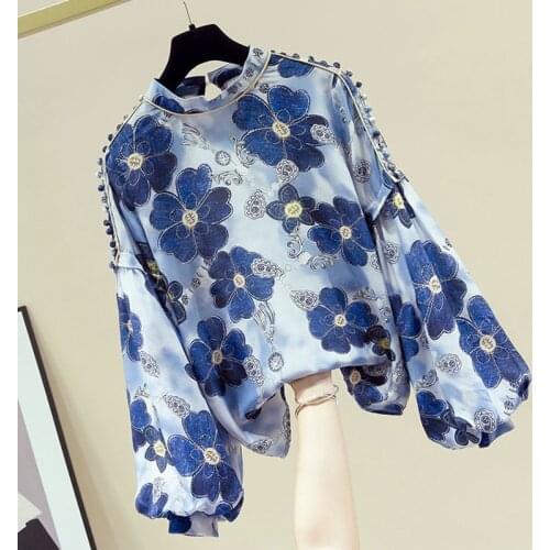 Shirt Womens Fluffy Sleeve Top 2021 Vintage Flower Print Round Neck Long Sleeve Shirt Tops Women Fashion