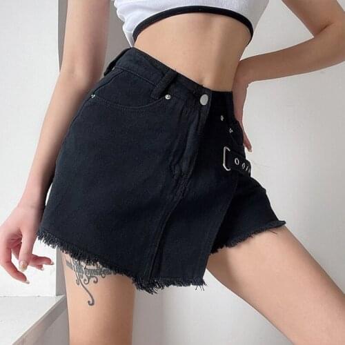 Women High Waist Asymmetric Denim Shorts Gothic Punk Metal Buckle Frayed Raw Hem Harajuku Mini Jeans Wrap Skirt Skort