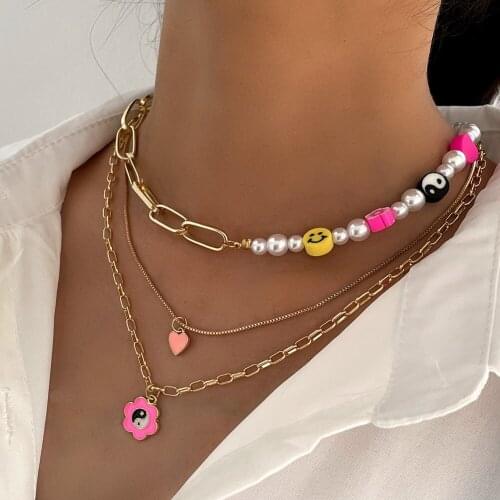 Ins Yin Yang Flower Beaded Necklace For Women Pink Heart Enamel Pendant Smiley Asymmetry Pearl Choker Sweet Girls Summer Jewelry