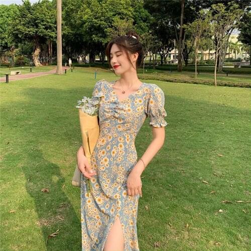 Floral Dress Women 2021 Summer French Gentle Temperament Sundress Female Thin Waist Platycodon Long Vestidos Ladies