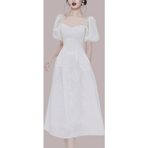 2021 New Korean Fashion White Fairy Dress Ladies Summer 2021 Lantern Sleeve Corset Sheer Midi Elegant Dresses for Women Party