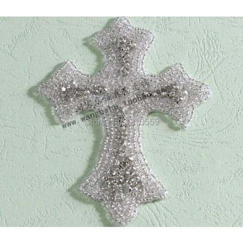 20 Pieces Wholesale Hotfix Clear Cross Shape Beaded Rhinestone Applique Patch