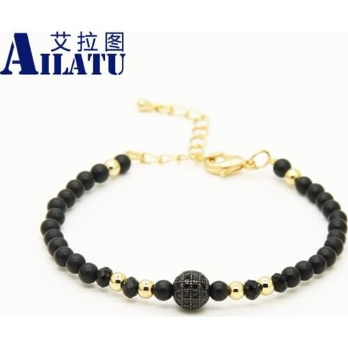 Ailatu 4mm Natural Matte Stone with 8mm Black Cz Beads Lobster Chain Bracelet Mens and Girl Trendy Hat Sale