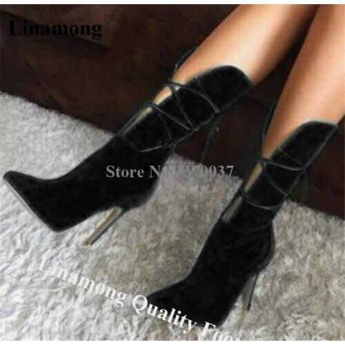 Linamong Fashion Pointed Toe Suede Mid-calf Stiletto Heel Gladiator Boots Cut-out Straps Cross Black Green High Heel Boots