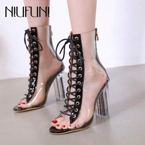 Ankle Strap Womens Boots NIUFUNI Crystal Sequins Peep Toe Transparent Ladies Sandals Super High Heels Platform Women Shoes
