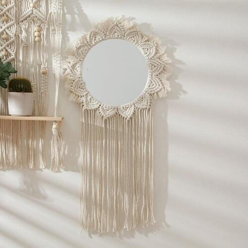 Home Decor Boho Mirror Tapestry Macrame Mirror Handmade Woven Backdrop Wall Frame Tapestry for Home Living Room Decor