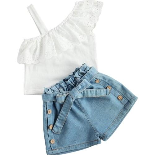 2Pcs Little Girls Summer Outfits Solid Color One Shoulder Strap Ruffle Tops + Bowknot Belted Denim Shorts Clothing Set 1-6Y