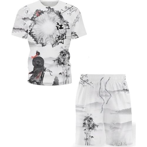 2021 Fashion New Mens T-Shirt Chinese Style Short-Sleeved High Street Beach Sports Suit Fashion Two-Piece Suit Mens Sets