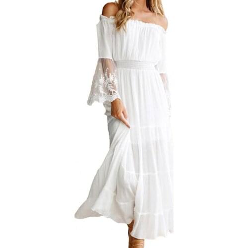 Lace Crochet Off Shoulder Women Dresses Plus Size Double Layers Flared Sleeve White Summer Autumn Long Dress