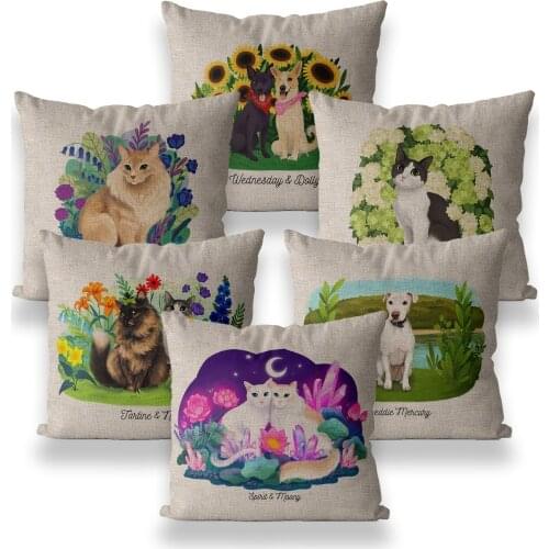 Cute Animal Cat Dog Pillow Covers Decorative Plant Sunflower Flower Pattern 45*45 40*40 Garden Outdoor Cushion Cover Home Decor
