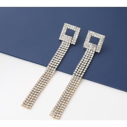 Fashion Metal Square Rhinestone Long Tassel Earrings Womens Creative Pop Dangle Earrings Party Accessories