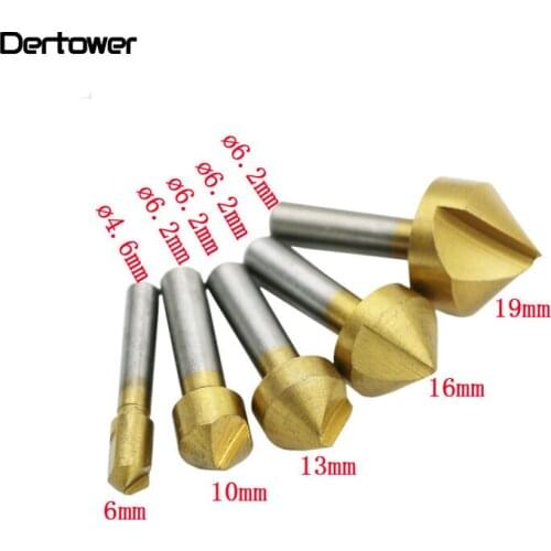 5 Pcs Countersink Drill Bit Set Hex Shank HSS 5 Flute Countersink 90 Degree Wood Chamfering Cutter Chamfer 6mm-19mm