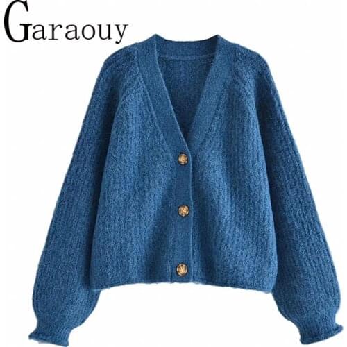 Garaouy 2021 New Women Spring Autumn Blue Long Sleeve V-Neck Single-breasted Sweet Vintage Braid Short Knit Sweaters ZA