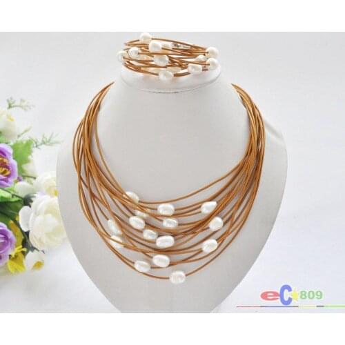 Wholesale 15row 13mm white rice freshwater pearl coffee leather necklace & bracelet