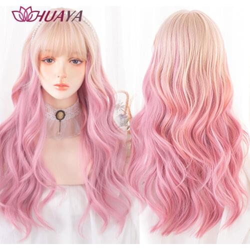 HUAYA Long Straight Lolita Cosplay Wig with Bangs Mixed Purple Heat Resistant Synthetic Wig Girl Halloween Party False Hair