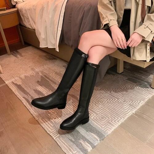 Round Toe Knee High Boots Autumn Winter Chunky Heels Shoes Woman Heels 2021 Genuine Leather Party Basic Tight High Boots