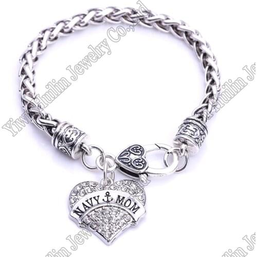 NAVY MOM Crystal Heart Charm With 20CM Wheat Chain Lobster Claw Bracelet