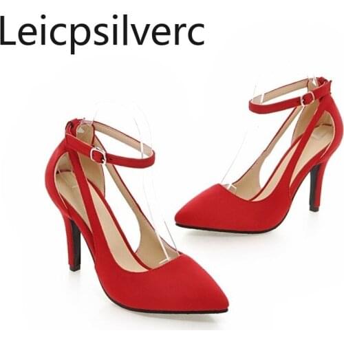 Pumps Spring and autumn suede Hollow Buckle Fine heel High heel Pointed Shallow mouth Womens shoes plus size 33-43