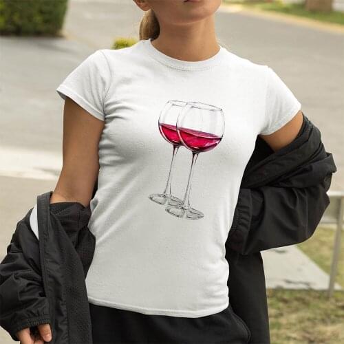 Wine Glass Art Women T Shirt Two Wine Glasses Cartoon Printed Versatile T-shirt Exquisite Vogue Beautiful O-Neck Tshirt Feminino
