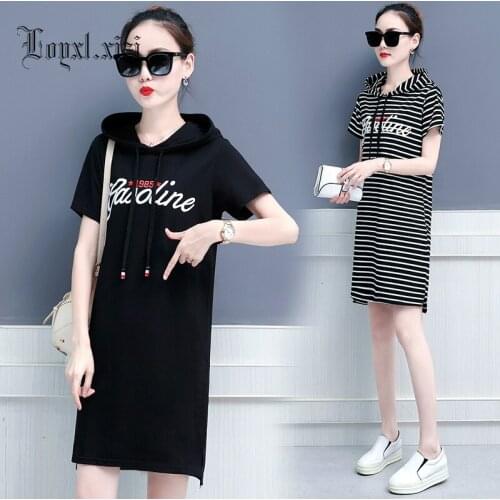 Large size womens fat younger short sleeve clothes summer new hooded loose cotton T-shirt womens medium and long hoodie LQ0099