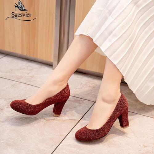 Sgesvier Summer 2020 Gold Silver Bling Wedding Shoes Shallow Glitter Block High Heels Pumps Party Women Shoes Large Size 31-47