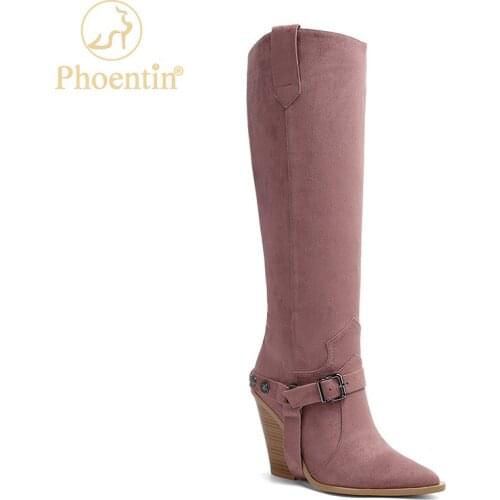 Phoentin pink suede boots for women long boot shoes slip on knee high cowboy boots wedges high heels buckle plus size FT1091