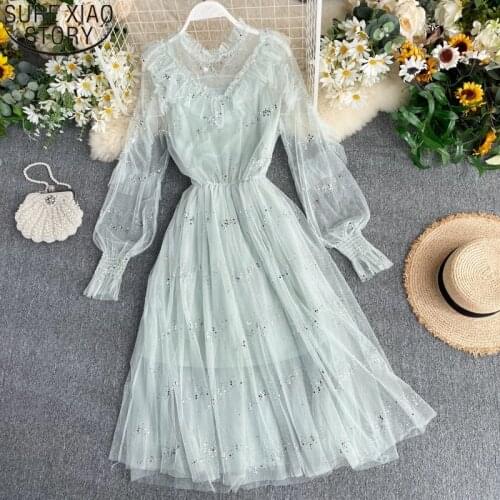 2021 Elegant Fairy Long Dress Sweet Women Dress Mesh Sequined Dresses Lantern Sleeve summer Ruffles Elegant Party Vestidos 12042