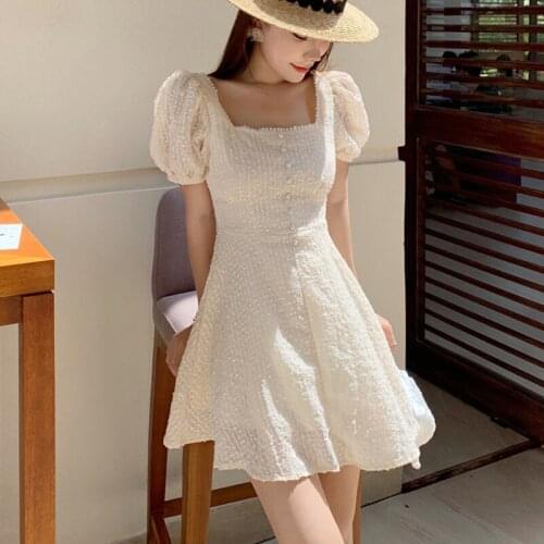 2021 Summer Korean Dress Women Casual Short Sleeve Solid Mini Dress Plus Size Dresses for Women Apricot High Waist Vestidos