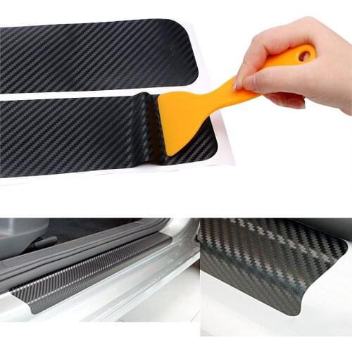 4Pcs/Set Car Door Plate Sticker Car Door Plate Sill Scuff Cover With Scraper Car Styling Anti Scratch Carbon Fiber Universal