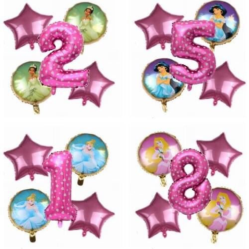 5pcs Princess Jasmine Aurora Tiana Cinderella 32inch Heart Love Pink Number Foil Balloon Birthday Party Decor Girl Favor Suit