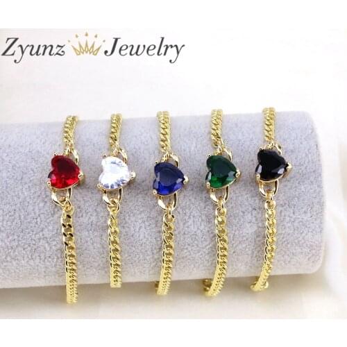 5PCS, Luxury Crystal Heart Charm Bracelets & Bangles Gold Color Curb Link Chain Bracelets For Women Jewelry