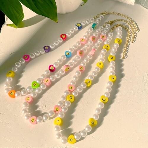 Bohemia Heart Smiley Face Pearl Beaded Choker Necklace For Women Handmade Colorful Flowers Clay Beads Necklace New Jewelry Gift