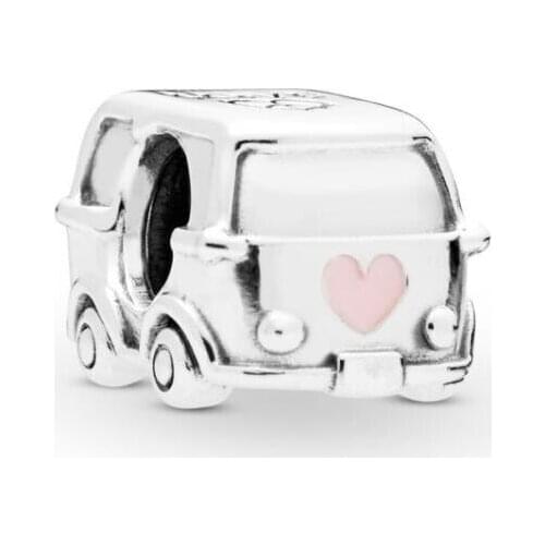 Genuine 925 Sterling Silver Bead Pink Heart Camper Van Charm Beads Fit Pan Women Bracelet & Necklace Diy Jewelry