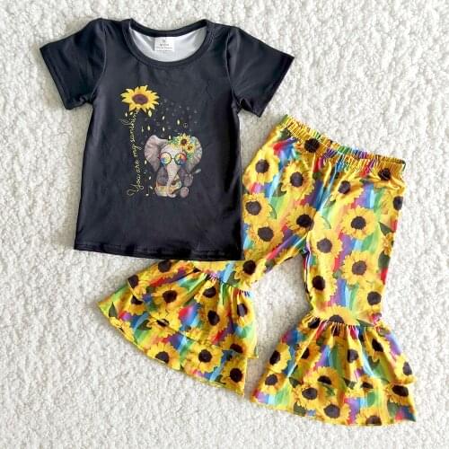 Boutique Toddler Girls Short Sleeve Outfits Kids High Quality T-Shirt And Bell Pants Set Fashion Babys Sunflowers Pattern Cloth
