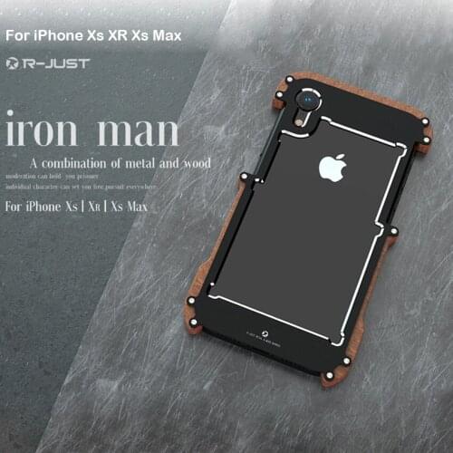 R-Just For Apple iPhone XS XR Case Luxury Hard Metal Aluminum Wood Protective Bumper Phone Case for iPhone XS Max Cover