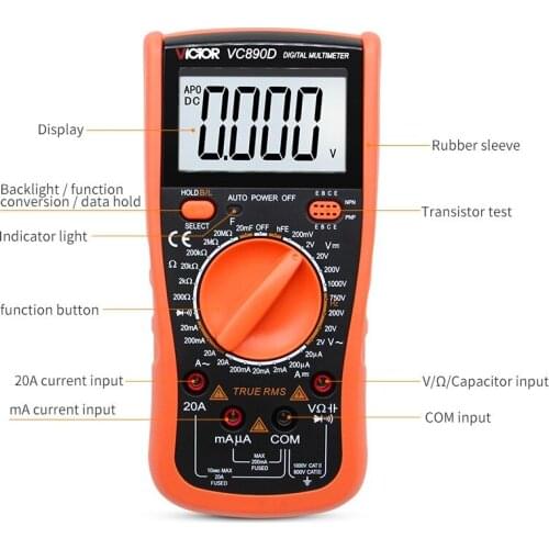 Digital Multimeter True RMS 2000UF Capacitor Multimeter Ammeter VC890C DC/AC 20A Temperature Measurement Tester