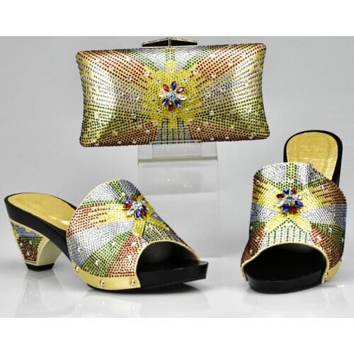 Gold Color Women Shoe and Bag Set In Italy 2017 Italian Matching Shoes and Bag Set Decorated with Rhinestone Italy Shoes and Bag