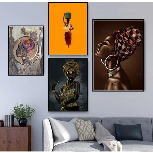 Home Decor Golden African Woman Prints Paintings Abstract Picture Wall Art Portrait Modular Canvas Poster For Bedside Background