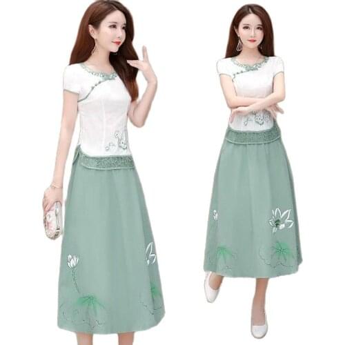 Temperament Vintage Embroidery Flowers Short Sleeve O-Neck Tea-Length A-Line Two-piece Set Green Blue Pink Cocktail Dress 9259