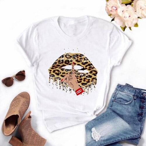 FIXSYS Summer New Fashion Leopard Lips Shhh Be Quiet Funny Letters Printed Tshirt Women Short Sleeve Tshirts Female Tops Tee