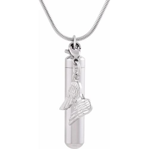 IJD9869 Free Fill Kit!Angel Wing Charm & Cylinder Memorial Urn Necklace Stainless Steel Cremation Jewelry