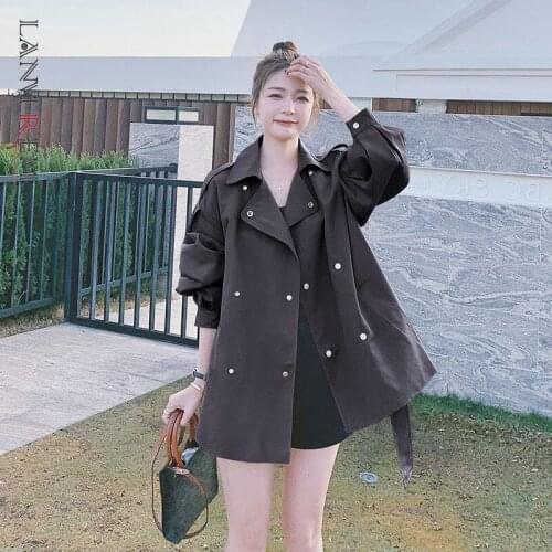 LANMREM New Autumn Korean Style New Streetwear Long-sleeved Trench Coat Women Loose Lace Up Wasit Casual Fashion Jacket 2W212