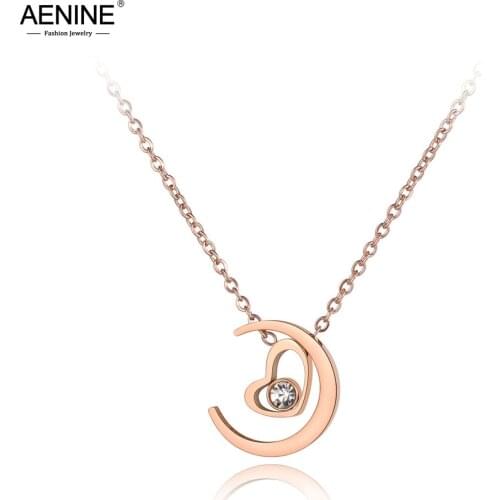 AENINE Trendy Lovely Titanium Stainless Steel Heart & Moon Necklaces Jewelry CZ Pendant Chain Necklace For Women Girls AN19067