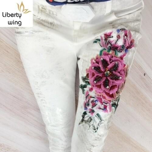 Fashion Folk Women Flower Embroidery Beading Skinny Jeans Female White Trousers Casual Hole Ripped Stretch Denim Pencil Pants