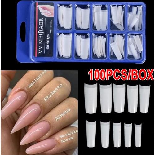 100Pcs/Box French Stiletto Acrylic False Nail Tips Fake Nails Art Manicure UV Gel DIY Tools Full Style Clear/White/Natural